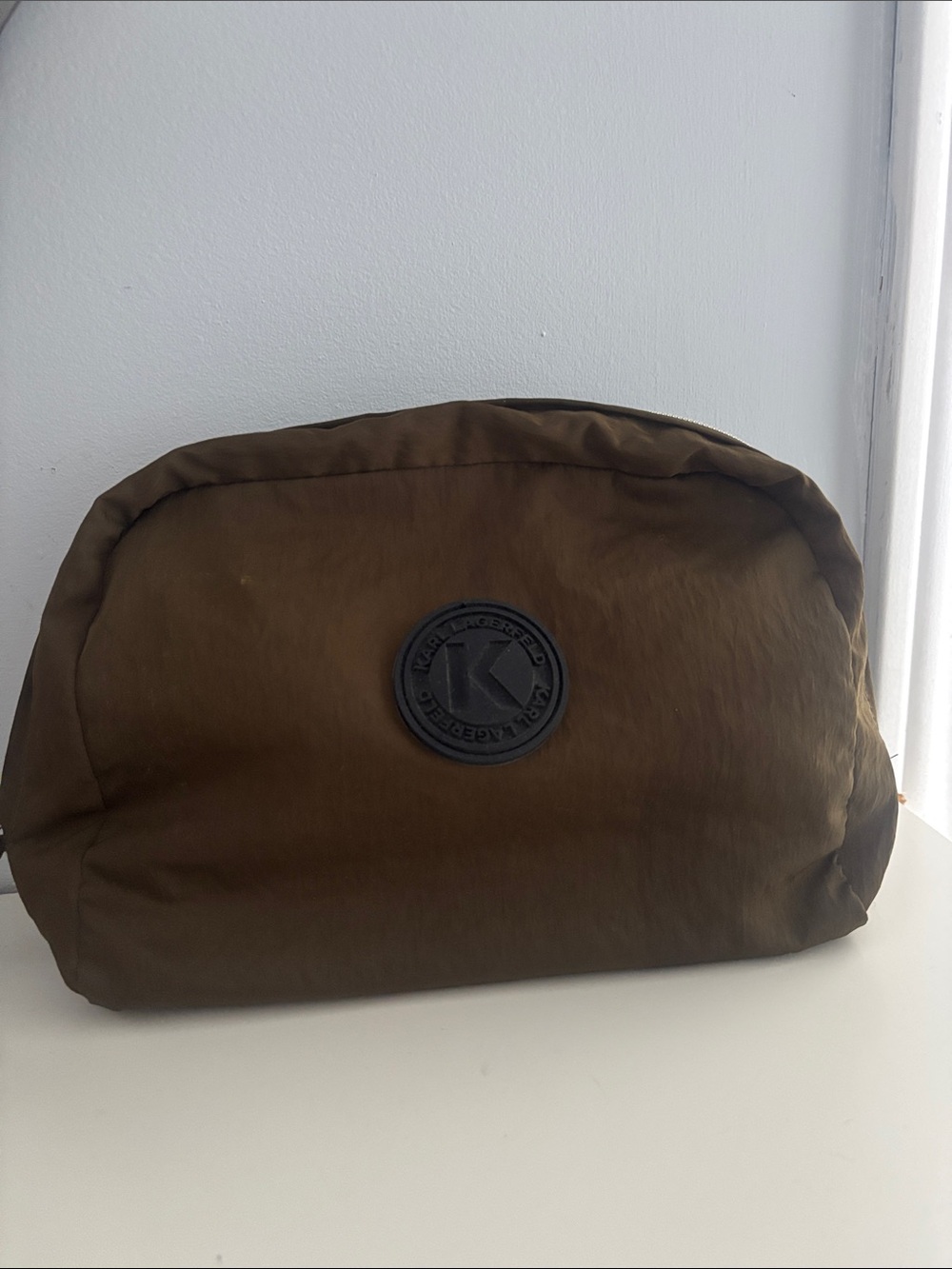 Karl Lagerfeld Olive Brown Nylon Toiletry Bag with Black Logo